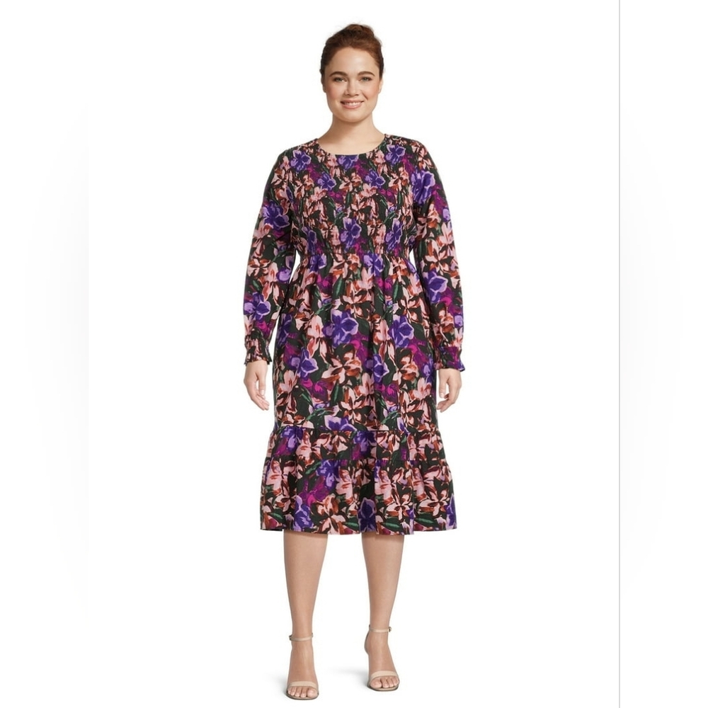 {Terra & Sky} Women's Plus Size Tiered Peasant Midi Dress